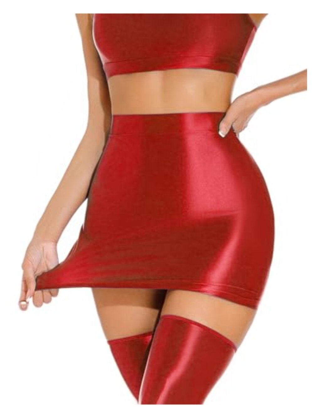 Oil Shiny Bodycon Mini Pencil Skirt Nylon Spandex High Waisted Club Party